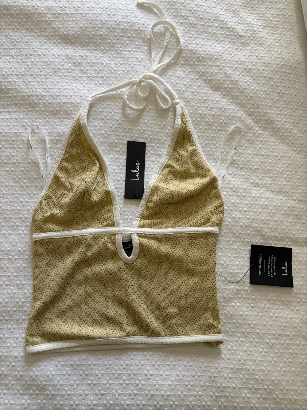 Lulu's Olive Crochet Halter Tank with White Trim